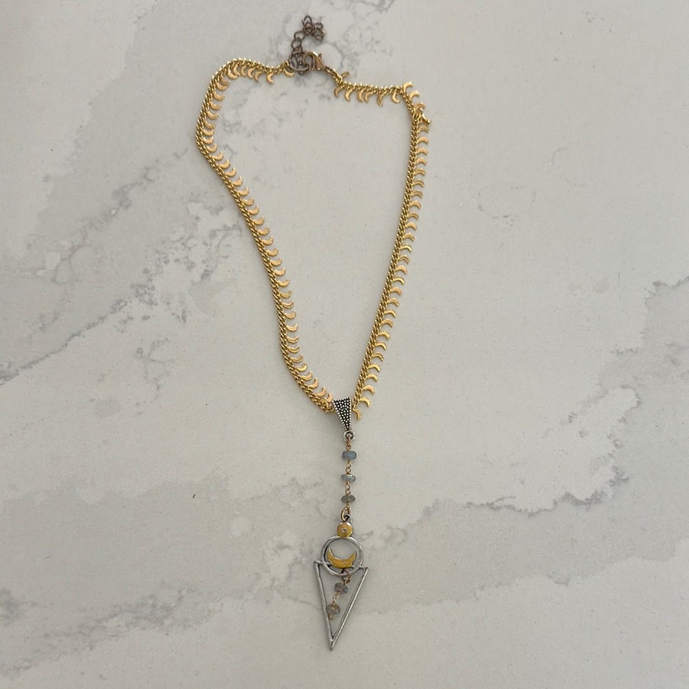 Gold and Silver Lariat Necklace with Crystal Pendant